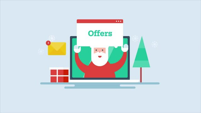 Christmas offer - holiday big sale concept. Santa with xmas offer on laptop screen. Online shopping - 2d animation, video clip.