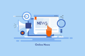 Reading news website on laptop. Digital newspaper with advertising and marketing elements. Flat design web banner template.