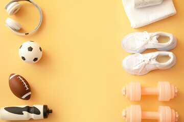 Set of sport equipment on color background