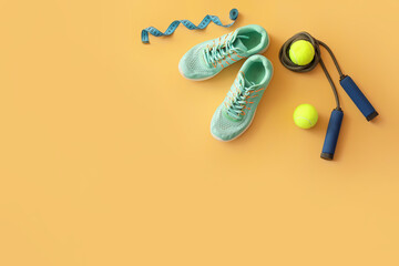 Set of sport equipment on color background