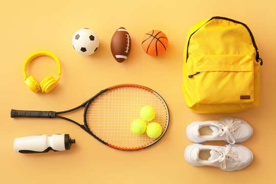 Set of sport equipment on color background © Pixel-Shot
