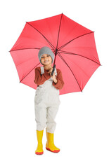 Cute African-American boy with umbrella on white background