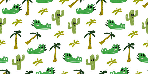 Seamless background withc rocodile head among cacti and palms. Decorative cute wallpaper for the nursery in the Scandinavian style. Suitable for children's clothing, interior design, packaging