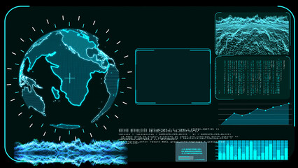 Blue monitor digital global world map technology research develpoment analysis software