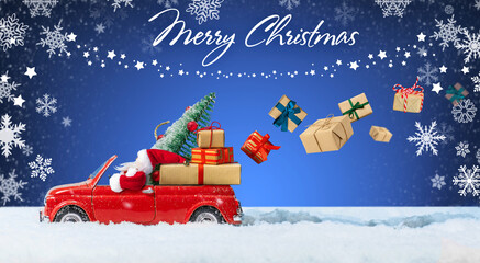 Santa Claus in Red car delivering christmas or New Year gifts on a blue snowy background.