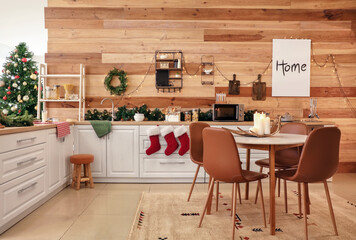 Interior of modern kitchen decorated for Christmas