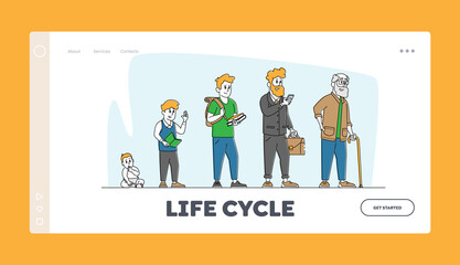 Obraz na płótnie Canvas Male Character Life Cycle Growth and Aging Process, Age Generation Landing Page Template. People Baby, Kid, Adult Senior