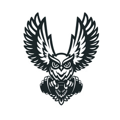 Hunting owl logo. Owl holding bar, barbell. Gym fitness sports mascot logo