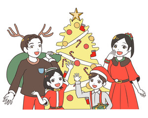 Obraz na płótnie Canvas クリスマスを楽しむ家族　黄色のモミの木