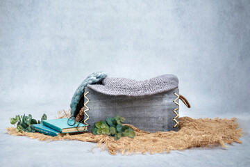 Newborn photography digital background with vintage books and glasses