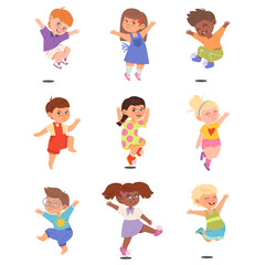 Boy and Girl Characters Jumping with Joy and Excitement Vector Illustrations Set