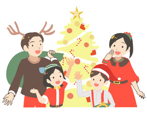 Obraz na płótnie Canvas クリスマスを楽しむ家族　黄色のモミの木(線無し)
