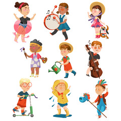 Funny Children Playing Drum, Painting and Riding Scooter Vector Set
