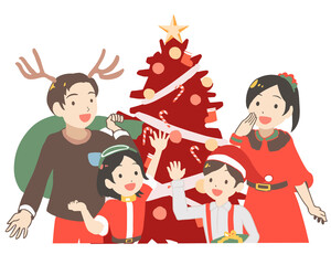 Obraz na płótnie Canvas クリスマスを楽しむ家族　赤のモミの木(線無し)