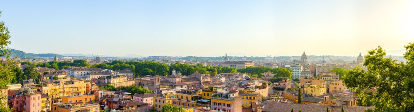 Panorama of Rome, Italy at sunrise from the Janiculum Hill terrace with Trastevere district, Spanish Steps, Pantheon, Victor Emmanuel monument, Campo de Fiori, churches and historic center