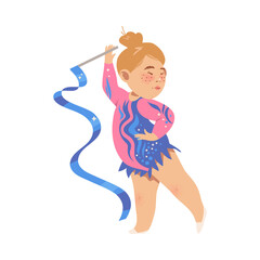 Cute Girl Athlete Doing Gymnastics with Ribbon Vector Illustration
