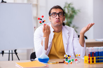 Young male chemist studying molecular model in the classroom