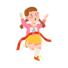 Cute Girl Athlete Running Marathon Winning Competition Vector Illustration