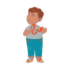 Flushed Little Boy in Jeans Holding Love Word Vector Illustration