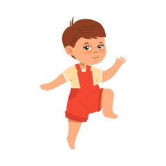 Funny Boy with Freckles Wearing Shortalls Jumping with Joy and Excitement Vector Illustration