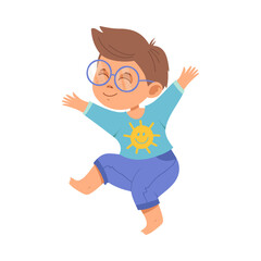 Funny Boy with Freckles Wearing Glasses Jumping with Joy and Excitement Vector Illustration