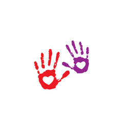 Human palm imprint. paint trace with heart in center isolated on white background.