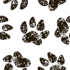 Black and white seamless pattern with animal tracks. Vector trail paws illustration for kid's design. Simple animal print