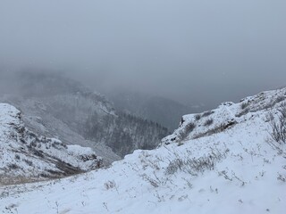 Obraz premium snow and fog in mountains, winter background