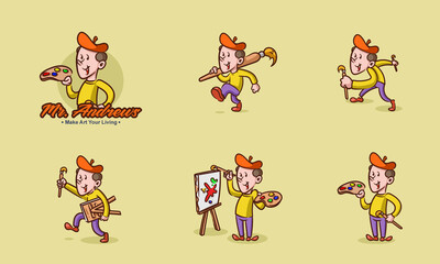 Artist painting on white canvas. cartoon vintage collection