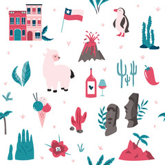 Seamless pattern with famous landmarks and symbols of Chile. Llama, Valparaiso, Easter island, condor, flag, etc.