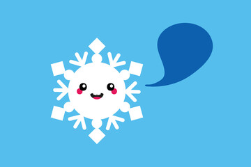 Cute smiling snowflake character with speech bubble, talking, giving advice or information. 
