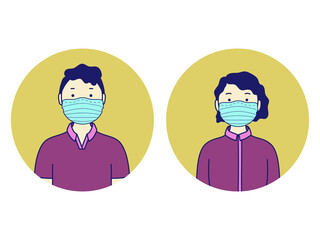 Portraits of man and woman in medical masks. Simple avatars. Vector illustration