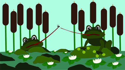 Frogs in a swamp with white lilies sit on a green bump and catch insects. Cartoon illustration.