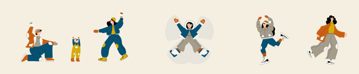 Vector Set of People Characters with Holiday Winter activity scenes on Christmas market or holiday outdoor fair. Man and Woman playing snowballs, making snow angel, ice skating