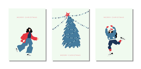 Merry Christmas and a Happy New year! Cute New Year and Christmas vector hand drawn Christmas cards with Christmas tree and women characters ice skating