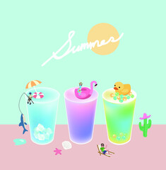 cute summer icons: food, drinks, bubble tea, cactus, Duckling, shark and flamingo. Bright summertime poster.
