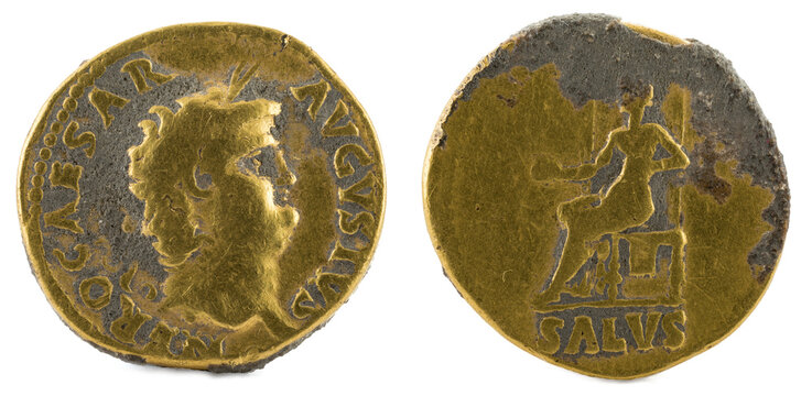 Closeup of an ancient Roman gold aureus coin of Emperor Nero.