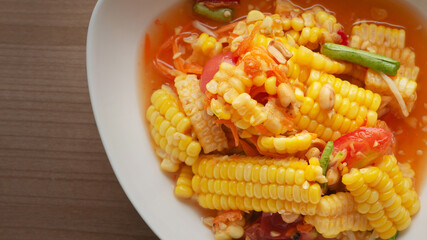 Thai chili & lime fruit salad - som tam kao poad - close up shot