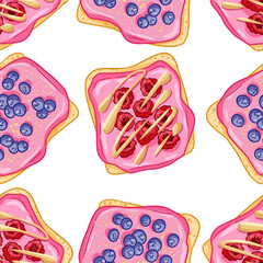 Toast bread sandwiches comic style seamless border pattern. Sandwiches with berries blueberries and raspberries with a pink spread wallpaper. Breakfast food background texture tile