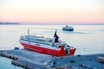 View of port terminal dock and car ferries in Rafina, Attiki, Greece.