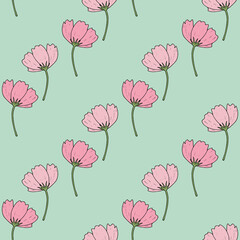 Seamless pattern with cute cosmea flowers on light green background. Vector image.