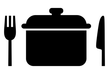Simple black icon for knife and fork, pot