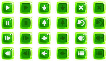 Cartoon buttons set game with icon. Kit of icons green color in two positions.Vector illustration, GUI elements for mobile games, video games.