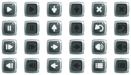 Cartoon buttons set game with icon. Kit of icons grey color in two positions, monochrome.Vector illustration, GUI elements for mobile games, video games.