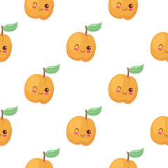 Kawaii Peach/Apricot seamless pattern. Cute vector illustration. Funny smiling & happy food characters isolated on white background. Use for cafe decorations, kids menu, fabric print. Summer fruits.