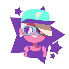 Hip hop star girl character logo, with cap, isolated on a white background, simplicity cartoon flat style, vector illustration icon.