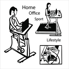 Women work at home on exercise equipment: exercise bike, treadmill, elliptical under the desk. Sport and Lifestyle. Vector. Black and white.