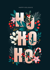HO HO HO!Christmas greeting card with ornaments of branches, berries and leaves.
