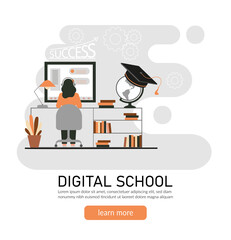 E-learning, online education at home concept.
Distance education, online courses, tutorials, webinar, digital classroom, online teaching metaphors. Flat vector illustration, isolated objects.