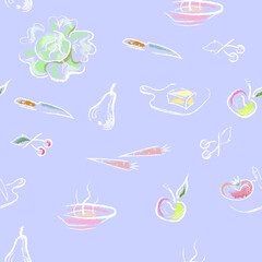 Vector seamless pattern on a culinary theme, imitation of drawing with chalk by hand lilac pastel background crayons. Fruits pear, apple, cherry, vegetables, cabbage, carrot, tomato.